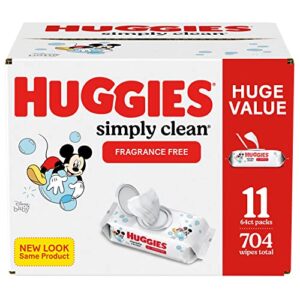 baby wipes, unscented, huggies simply clean fragrance-free baby diaper wipes, 11 flip lid packs (704 wipes total)