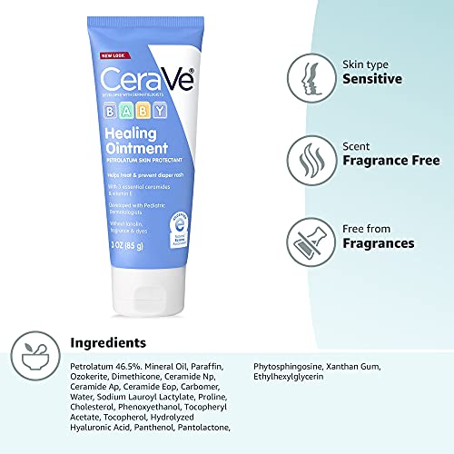 CeraVe Diaper Rash Cream | Baby Healing Ointment for Extra Dry, Cracked Skin | Diaper Cream with Ceramides & Vitamin E | Lanolin, Fragrance, Paraben, Dye, Phthalates & Sulfate Free | 3 Ounce