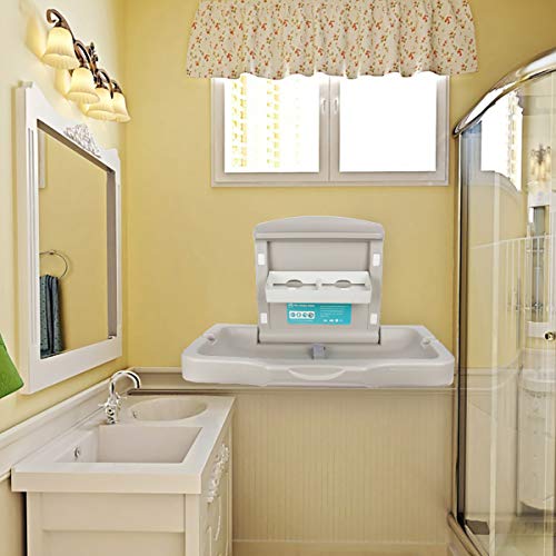 Modundry Fold-Down Baby Changing Diaper Station - Horizontal Wall Mounted, Sturdy & Durable with Safety Straps for Commercial Bathrooms(1 White Granite)