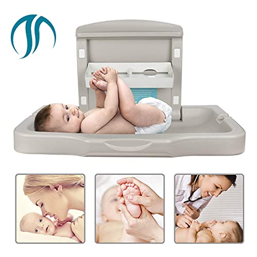 Modundry Fold-Down Baby Changing Diaper Station - Horizontal Wall Mounted, Sturdy & Durable with Safety Straps for Commercial Bathrooms(1 White Granite)