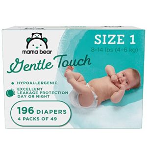 amazon brand – mama bear gentle touch diapers, hypoallergenic, size 1, 196 count (4 packs of 49)