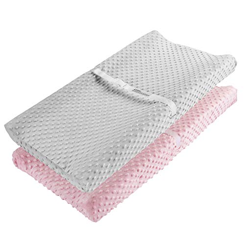 Changing Pad Cover, AceMommy Ultra Soft Minky Dots Plush Changing Table Covers Breathable Changing Table Sheets Wipeable Diaper Changing Pad Cover for Infants Baby Girl Pink/Grey (2 Pack)