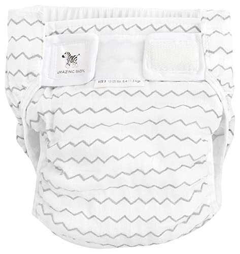 SmartNappy Cotton Muslin by Amazing Baby, NextGen Hybrid Cloth Diaper Cover + 1 Tri-fold Reusable Insert + 1 Reusable Booster, Mini Chevron, Gray, Size 3, 12-25 lbs