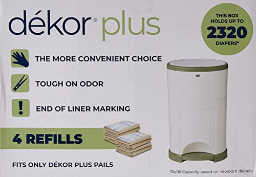 DEKOR Plus Diaper Pail Refills | 4 Count | Most Economical Refill System | Quick & Easy to Replace | No Preset Bag Size – Use Only What You Need | Exclusive End-of-Liner Marking | Baby Powder Scent