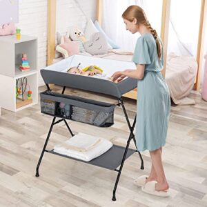 Costzon Changing Table, Portable Baby Changing Table Foldable Diaper Changing Station with Safety Belt, Large Storage Rack & Shelf, Nursery Organizer for Newborn Infant (Dark Gray)