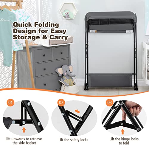 Costzon Changing Table, Portable Baby Changing Table Foldable Diaper Changing Station with Safety Belt, Large Storage Rack & Shelf, Nursery Organizer for Newborn Infant (Dark Gray)