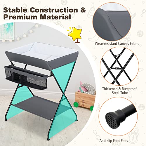 Costzon Changing Table, Portable Baby Changing Table Foldable Diaper Changing Station with Safety Belt, Large Storage Rack & Shelf, Nursery Organizer for Newborn Infant (Dark Gray)