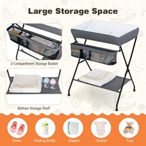 Costzon Changing Table, Portable Baby Changing Table Foldable Diaper Changing Station with Safety Belt, Large Storage Rack & Shelf, Nursery Organizer for Newborn Infant (Dark Gray)