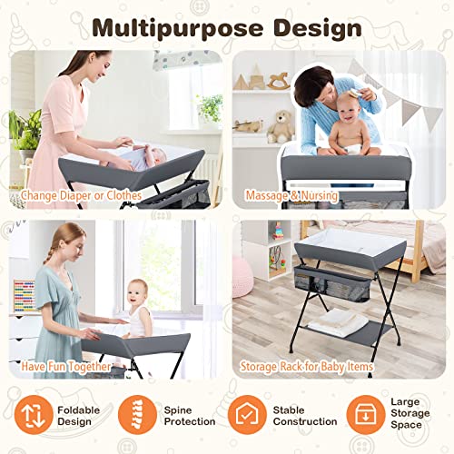 Costzon Changing Table, Portable Baby Changing Table Foldable Diaper Changing Station with Safety Belt, Large Storage Rack & Shelf, Nursery Organizer for Newborn Infant (Dark Gray)