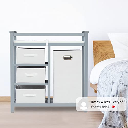 FIZZEEY Changing Table - Baby Changing Table, Diaper Changing Table, Changing Table Station Dresser with Laundry Hamper, 3 Drawer Basket and Changing Pad, Grey