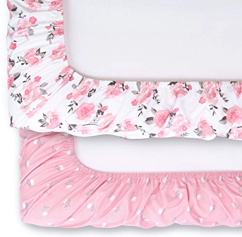 The Peanutshell Pink Floral Changing Pad Cover Set for Baby Girls | 2 Pack Set | Pink Roses & Ditsy Floral