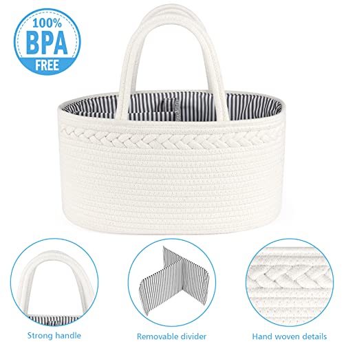 ABenkle Baby Diaper Caddy, Nursery Storage Bin and Car Organizer for Diapers and Baby Wipes, Cotton Rope Diaper Basket Caddy, Changing Table Diaper Storage Caddy Baby Gift Baskets, White