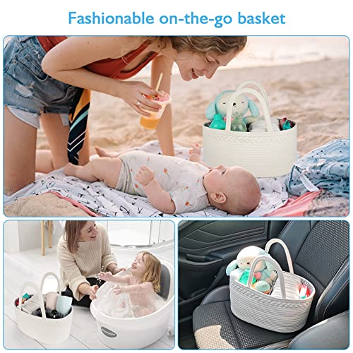 ABenkle Baby Diaper Caddy, Nursery Storage Bin and Car Organizer for Diapers and Baby Wipes, Cotton Rope Diaper Basket Caddy, Changing Table Diaper Storage Caddy Baby Gift Baskets, White