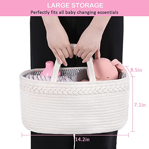 ABenkle Baby Diaper Caddy, Nursery Storage Bin and Car Organizer for Diapers and Baby Wipes, Cotton Rope Diaper Basket Caddy, Changing Table Diaper Storage Caddy Baby Gift Baskets, White