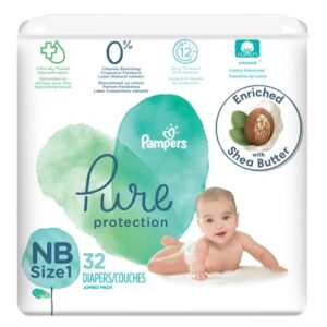 diapers size 1/newborn, 32 count – pampers pure protection disposable baby diapers, hypoallergenic and unscented protection, jumbo pack (packaging & prints may vary)