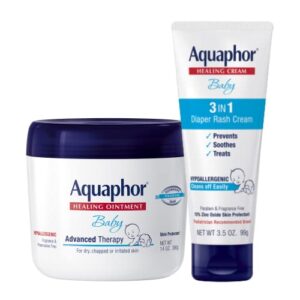 aquaphor baby skin care set – fragrance free, prevents, soothes and treats diaper rash – includes 14 oz. jar of advanced healing ointment & 3.5 oz tube of diaper rash cream