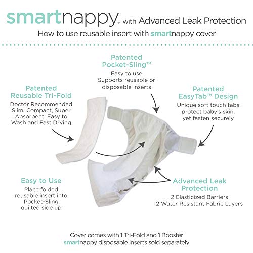 SmartNappy by Amazing Baby, NextGen Hybrid Cloth Diaper Cover + 1 Tri-fold Reusable Insert + 1 Reusable Booster, Pastel SeaCrystal, Solid, Size 3, 12-25 lbs, Green