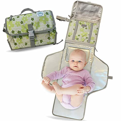 Mauna Baby Portable Changing Pad | Lightweight Travel Diaper Station Kit with Waterproof and Cushioned Pad | Foldable Pad with Pockets | Changing Organizer Bag (Flowers Green)