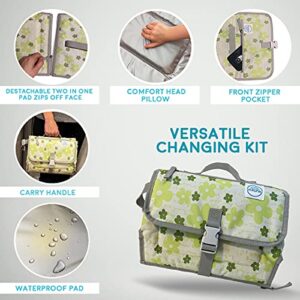 Mauna Baby Portable Changing Pad | Lightweight Travel Diaper Station Kit with Waterproof and Cushioned Pad | Foldable Pad with Pockets | Changing Organizer Bag (Flowers Green)