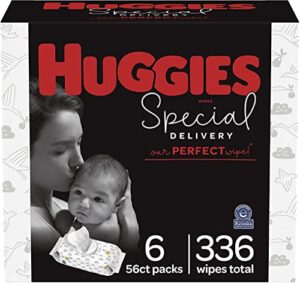 hypoallergenic baby wipes, unscented, huggies special delivery baby diaper wipes, safe for sensitive skin, 99% purified water, 6 push button packs (336 wipes total), 56 count (pack of 6)