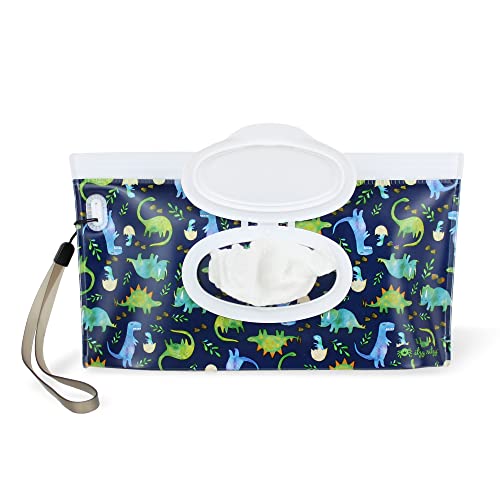 Itzy Ritzy Reusable Wipe Pouch – Take & Travel Pouch Holds Up to 30 Wet Wipes; Includes Silicone Wristlet Strap; Raining Dinosaurs