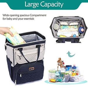 BabbleRoo Diaper Bag Backpack, Multifunction Large Bags with Changing Pad & Stroller Straps & Pacifier Case, Unisex Stylish Travel Back Pack Nappy Changing Bag for Moms Dads (Stone Gray & Blue)