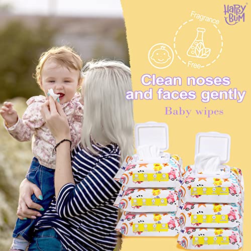 Baby Wipes - HAPPY BUM Saline Baby Wipes, Hypoallergenic, Unscented, 180 Count (6 Packs of 30 Wipes) Saline Nose and Face Wipes