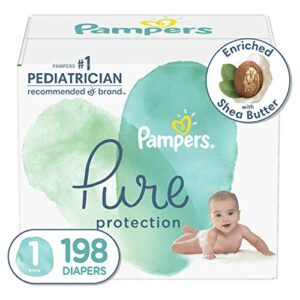 diapers size 1, 198 count – pampers pure protection disposable baby diapers, hypoallergenic and unscented protection (packaging & prints may vary)