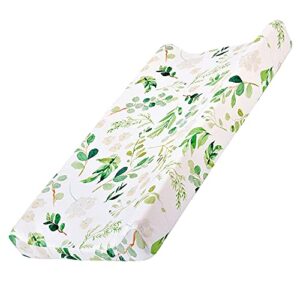 baby green leaf diaper changing pad cover cradle mattress sheets, infant stretchy fabric changing table cover changing mat cover baby nursery diaper changing pad sheets 32”x 16” (green leaves)