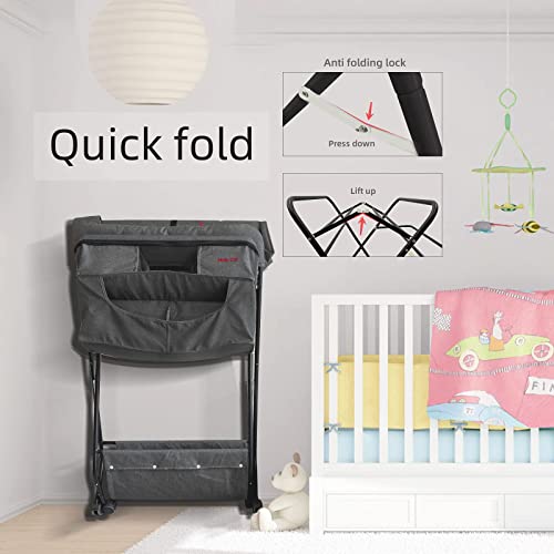 Holy Cat Baby Portable Changing Table with Wheels Adjustable Height Folding Infant Diaper Station Mobile Nursery Stand with Newborn Lightweight Large Storage Rack - Grey