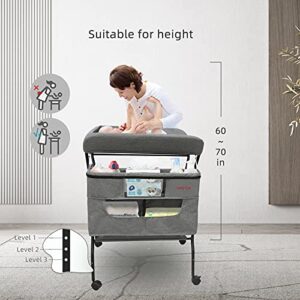 Holy Cat Baby Portable Changing Table with Wheels Adjustable Height Folding Infant Diaper Station Mobile Nursery Stand with Newborn Lightweight Large Storage Rack - Grey