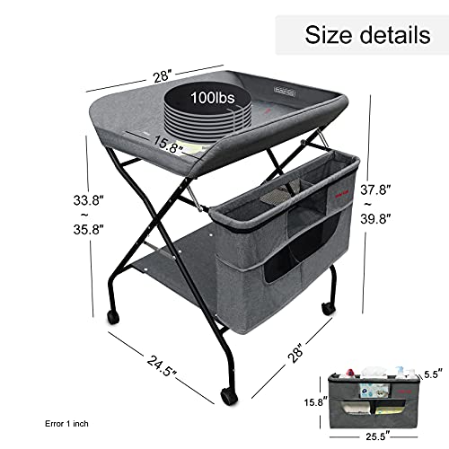 Holy Cat Baby Portable Changing Table with Wheels Adjustable Height Folding Infant Diaper Station Mobile Nursery Stand with Newborn Lightweight Large Storage Rack - Grey