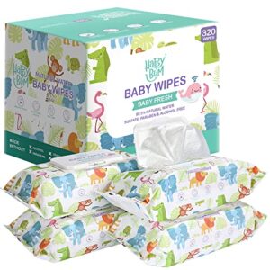 baby wipes – happy bum sensitive water baby diaper wipes, hypoallergenic, unscented, 4 flip-top packs (320 wipes total)