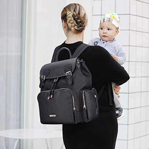Hafmall Diaper Bag Backpack, Multifunctional Stylish Baby Bag with Stroller Hooks for Boys Girls, Travel Diaper Backpack for Mom Dad, Black Maternity Nappy Bag
