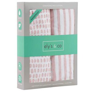 Ely's & Co. Patent Pending Waterproof Changing Pad Cover Set | Cradle Sheet Set by Ely's & Co no Need for Changing Pad Liner Mauve Pink Splash & Stripe 2 Pack for Baby Girl