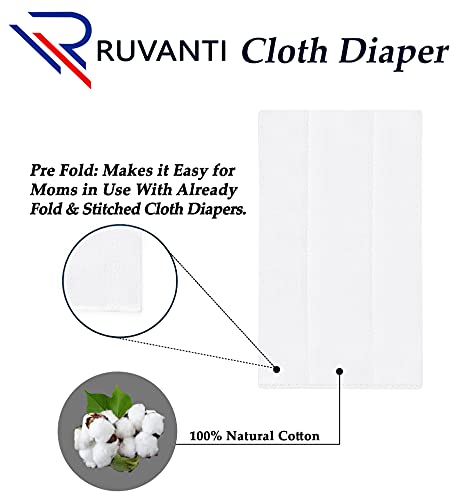 Ruvanti 6 Pack, 3 Ply Birdseye Prefold Cloth Diapers for Babies, Newborn Baby, 100% Cotton Reusable Diapers, 13x19 Burp Clothes for Baby,Toddler, Cloth Diaper Inserts for Overnight, Hand Wash only.