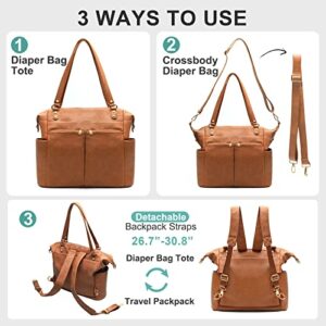 Diaper Bag Tote Mominside Leather Diaper Bag Backpack with 14 Pockets for Mom Dad, Baby Registry Search, Large Travel Baby Bag for Boys Girls with 4 Insulated Pockets, Changing Station-Brown