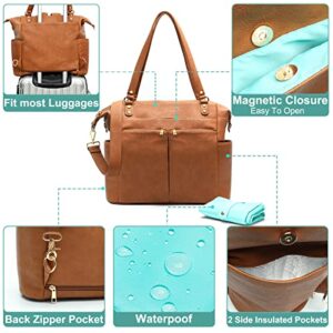 Diaper Bag Tote Mominside Leather Diaper Bag Backpack with 14 Pockets for Mom Dad, Baby Registry Search, Large Travel Baby Bag for Boys Girls with 4 Insulated Pockets, Changing Station-Brown