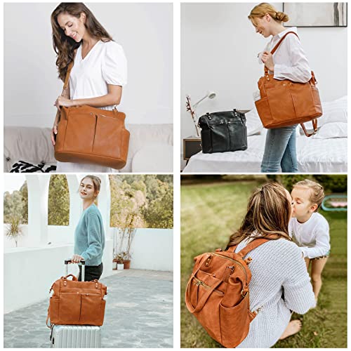 Diaper Bag Tote Mominside Leather Diaper Bag Backpack with 14 Pockets for Mom Dad, Baby Registry Search, Large Travel Baby Bag for Boys Girls with 4 Insulated Pockets, Changing Station-Brown