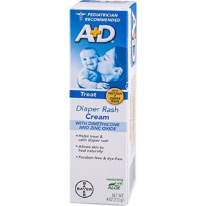 A+D Zinc Oxide Diaper Rash Treatment Cream, Dimenthicone 1%, Zinc Oxide 10%, Easy Spreading Baby Skin Care, 4 Ounce Tube (Packaging May Vary)