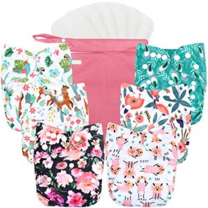 wegreeco washable reusable baby cloth pocket diapers 6 pack + 6 bamboo inserts (with 1 wet bag, flower)