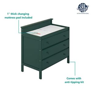 Dream On Me Mason Modern Changing Table with Free Changing Pad in Olive, Three Spacious Drawers, Made of New Zealand Pinewood, Includes 1" Mattress Pad and Anti-Tipping Kit