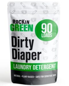 rockin’ green baby cloth diaper detergent(90 loads), plant based, all natural laundry detergent powder, vegan and biodegradable odor fighter, safe for sensitive skin, 45 oz (unscented).