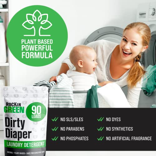 Rockin' Green Baby Cloth Diaper Detergent(90 Loads), Plant based, All Natural Laundry Detergent Powder, Vegan and Biodegradable Odor Fighter, Safe for Sensitive Skin, 45 oz (Unscented).