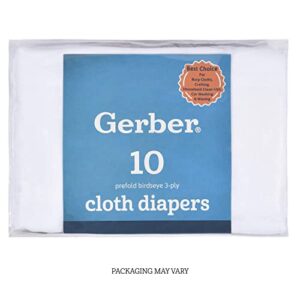 Gerber Birdseye 3-Ply Prefold Cloth Diapers, White, 10 Count