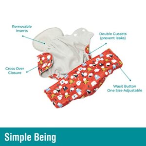 Simple Being Reusable Cloth Diapers, Double Gusset, One Size Adjustable, Washable Soft Absorbent, Waterproof Cover, Eco-Friendly Unisex Baby Girl Boy, six 4-Layers Microfiber Inserts (Geometrics)