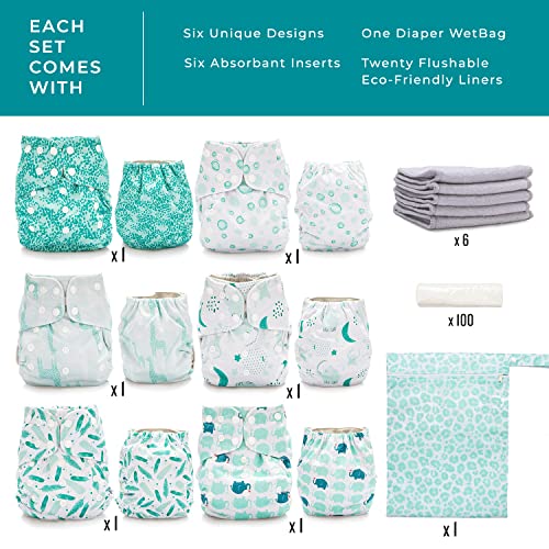 Simple Being Reusable Cloth Diapers, Double Gusset, One Size Adjustable, Washable Soft Absorbent, Waterproof Cover, Eco-Friendly Unisex Baby Girl Boy, six 4-Layers Microfiber Inserts (Geometrics)