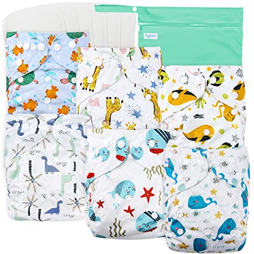 Leekalos Cloth Diapers Reusable for Boys and Girls, Baby Diaper Cloth with Bamboo Inserts & Wet Bag (Undersea)