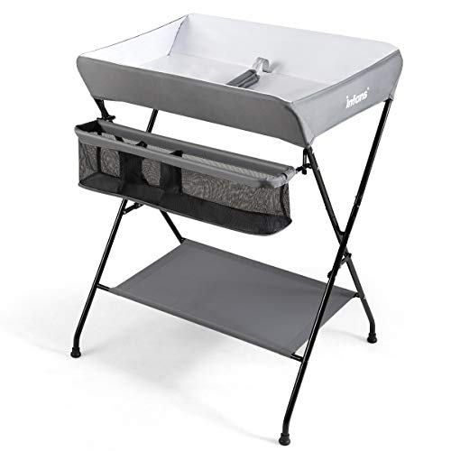 INFANS Baby Changing Table, Folding Diaper Station Portable Nursery Organizer with Safety Belt and Large Storage Racks for Newborn Baby and Infant (Grey)