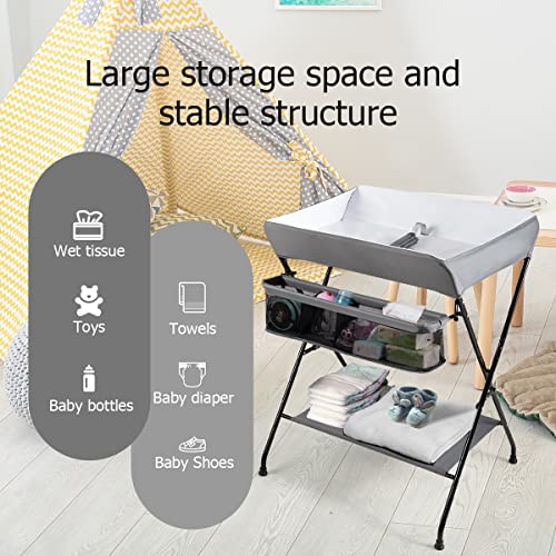 INFANS Baby Changing Table, Folding Diaper Station Portable Nursery Organizer with Safety Belt and Large Storage Racks for Newborn Baby and Infant (Grey)